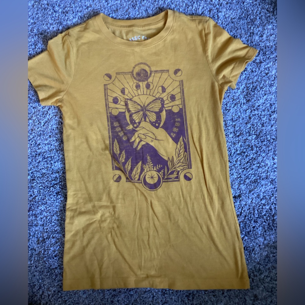 Aeropostale Yellow Tee with Purple Butterfly Design